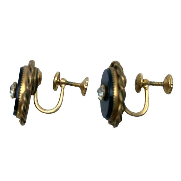 Vintage Art Deco Nouveau Gold Tone Black Rhinestone Screw back Earrings - Picture 8 of 10